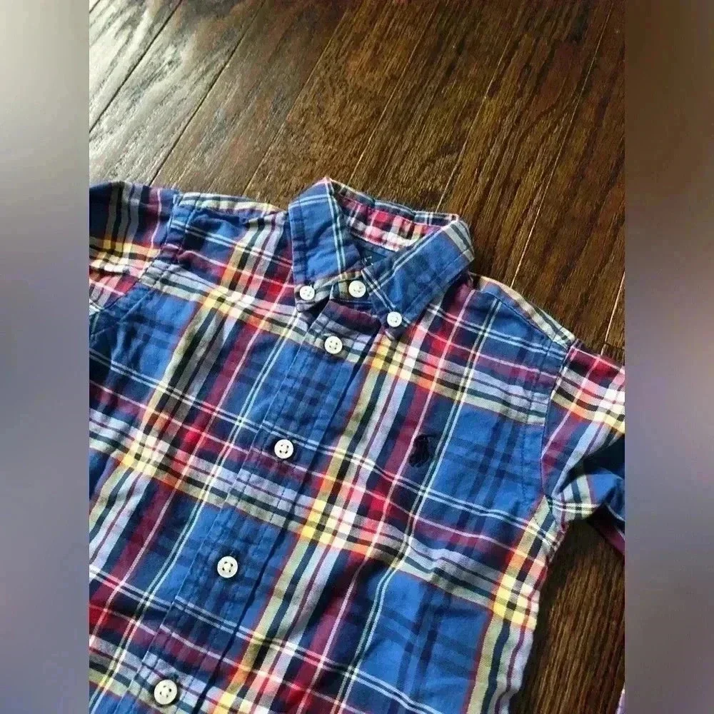 Ralph Lauren Boys 12M Blue/Red/Yellow Plaid Button-Down Oxford Shirt - EUC!